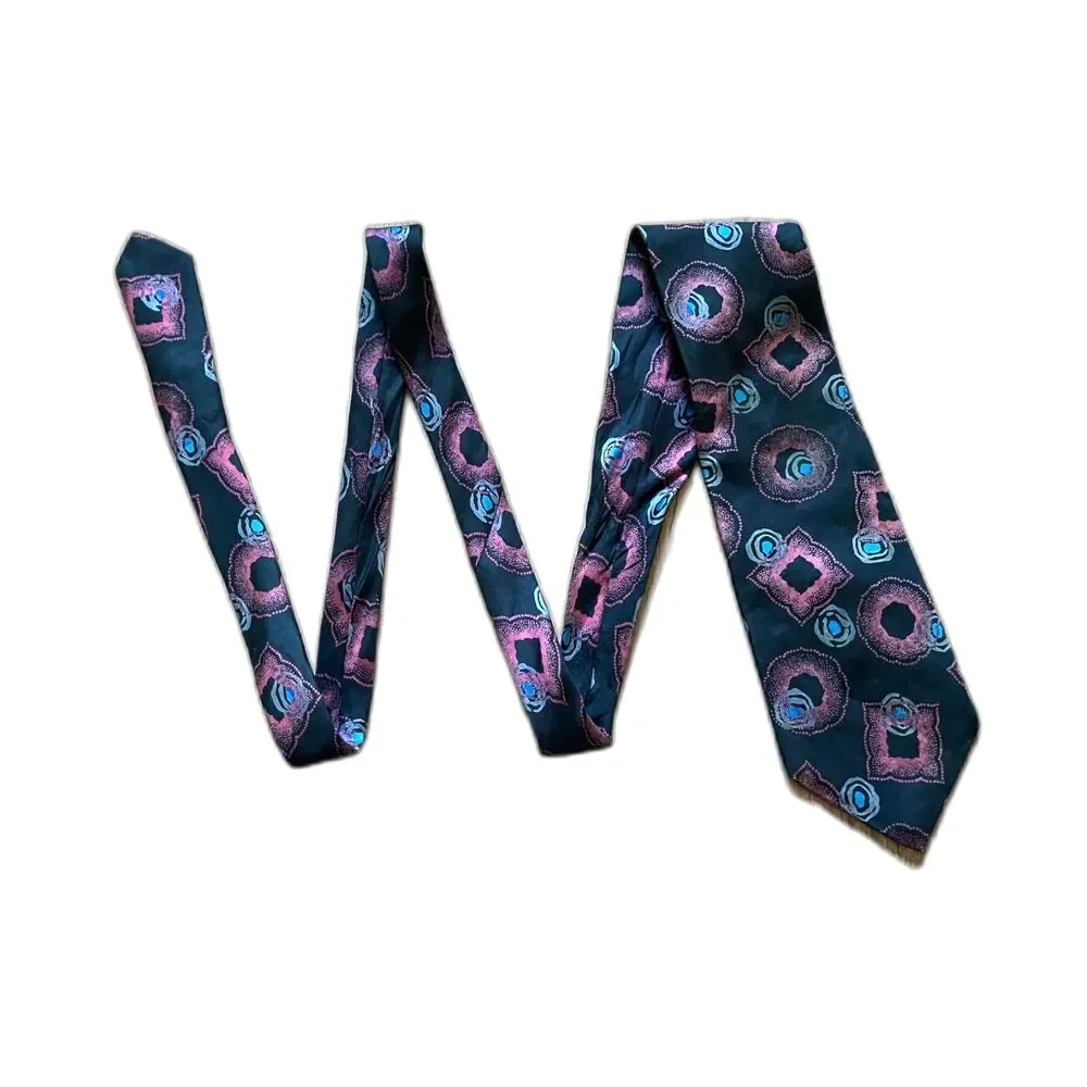 Vintage Pierre BALMAIN Paris Black Pink 100% Silk Pattern Neck Tie